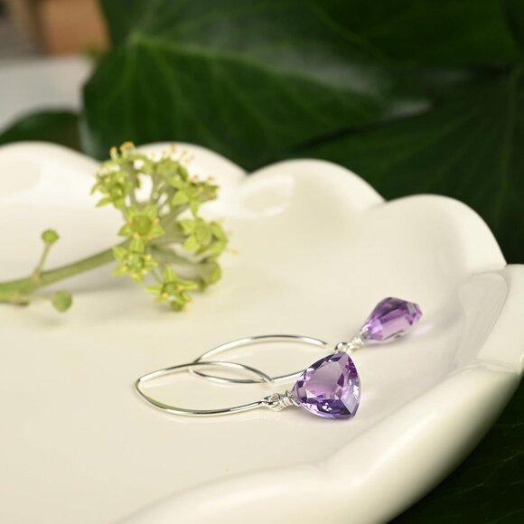 Women's Purple Amethyst Trillion Quartz Sterling Silver Dangle Earrings - Picture 6 of 9